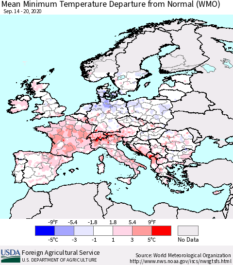 Europe Mean Minimum Temperature Departure from Normal (WMO) Thematic Map For 9/14/2020 - 9/20/2020