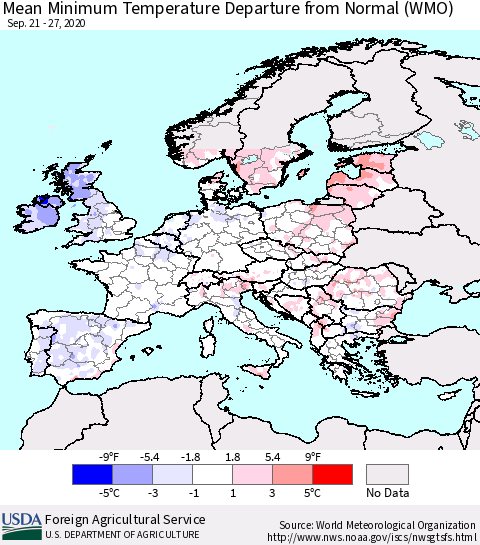Europe Mean Minimum Temperature Departure from Normal (WMO) Thematic Map For 9/21/2020 - 9/27/2020
