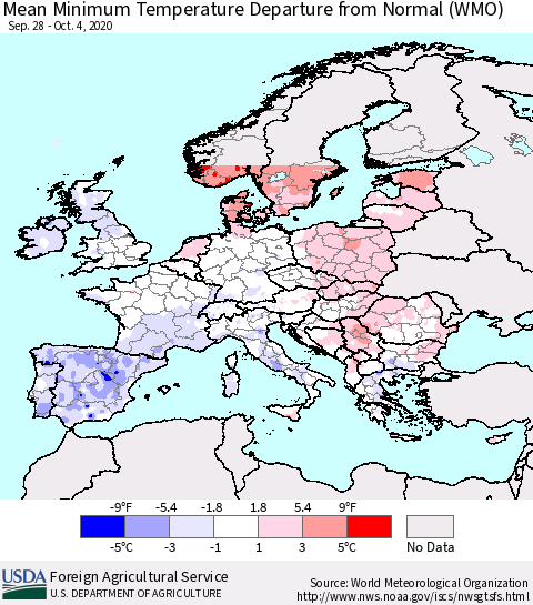 Europe Mean Minimum Temperature Departure from Normal (WMO) Thematic Map For 9/28/2020 - 10/4/2020