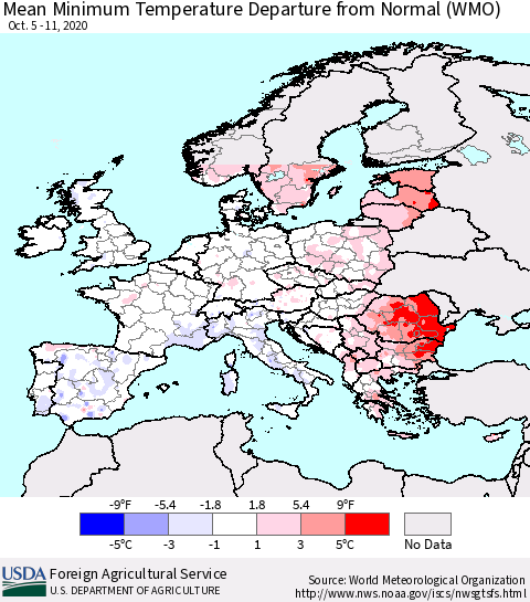 Europe Mean Minimum Temperature Departure from Normal (WMO) Thematic Map For 10/5/2020 - 10/11/2020
