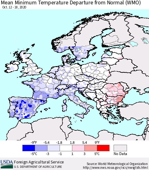 Europe Mean Minimum Temperature Departure from Normal (WMO) Thematic Map For 10/12/2020 - 10/18/2020