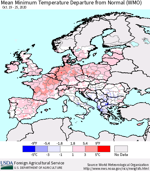 Europe Mean Minimum Temperature Departure from Normal (WMO) Thematic Map For 10/19/2020 - 10/25/2020