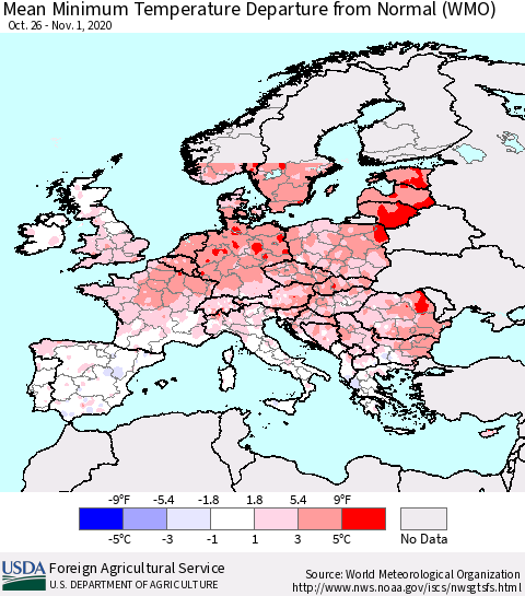 Europe Mean Minimum Temperature Departure from Normal (WMO) Thematic Map For 10/26/2020 - 11/1/2020