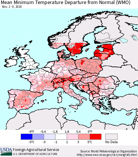 Europe Mean Minimum Temperature Departure from Normal (WMO) Thematic Map For 11/2/2020 - 11/8/2020