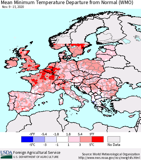 Europe Mean Minimum Temperature Departure from Normal (WMO) Thematic Map For 11/9/2020 - 11/15/2020