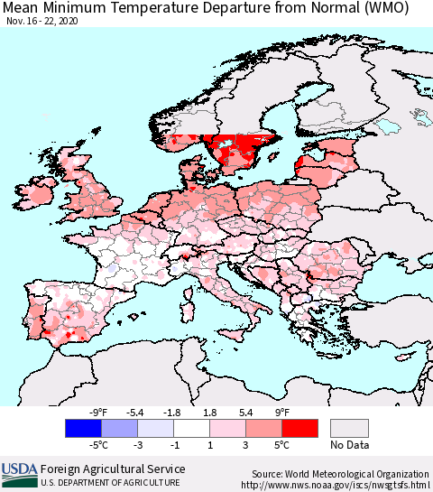Europe Mean Minimum Temperature Departure from Normal (WMO) Thematic Map For 11/16/2020 - 11/22/2020