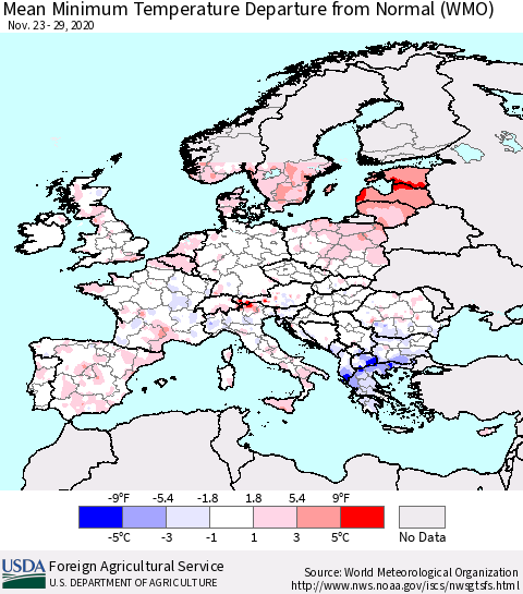 Europe Mean Minimum Temperature Departure from Normal (WMO) Thematic Map For 11/23/2020 - 11/29/2020