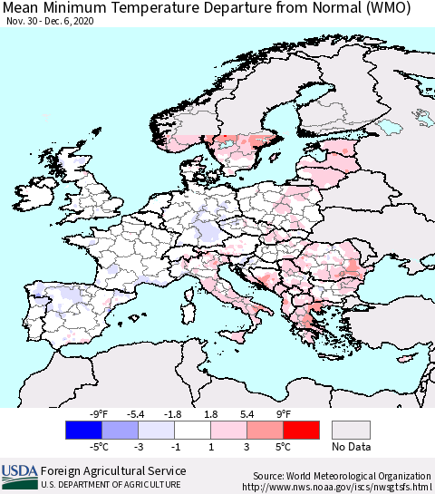 Europe Mean Minimum Temperature Departure from Normal (WMO) Thematic Map For 11/30/2020 - 12/6/2020