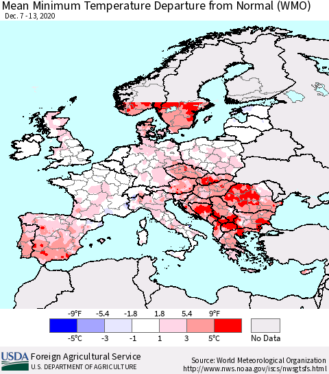 Europe Mean Minimum Temperature Departure from Normal (WMO) Thematic Map For 12/7/2020 - 12/13/2020