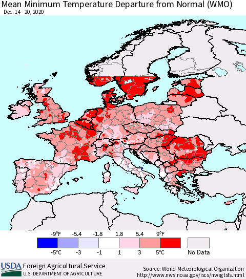 Europe Mean Minimum Temperature Departure from Normal (WMO) Thematic Map For 12/14/2020 - 12/20/2020