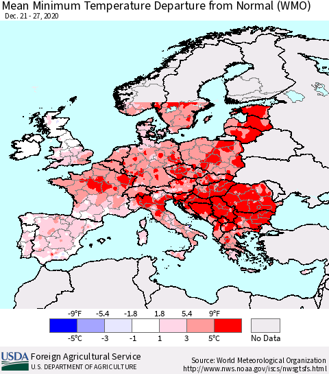 Europe Mean Minimum Temperature Departure from Normal (WMO) Thematic Map For 12/21/2020 - 12/27/2020