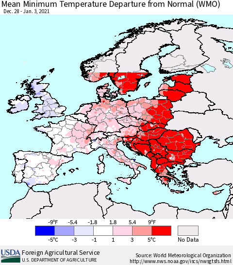 Europe Mean Minimum Temperature Departure from Normal (WMO) Thematic Map For 12/28/2020 - 1/3/2021