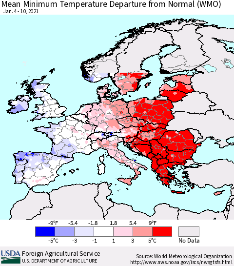 Europe Mean Minimum Temperature Departure from Normal (WMO) Thematic Map For 1/4/2021 - 1/10/2021