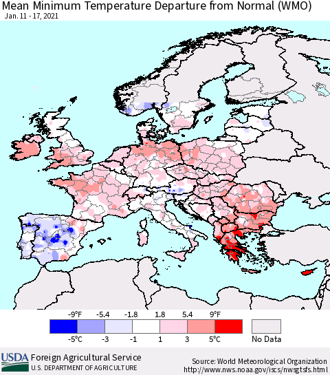 Europe Mean Minimum Temperature Departure from Normal (WMO) Thematic Map For 1/11/2021 - 1/17/2021