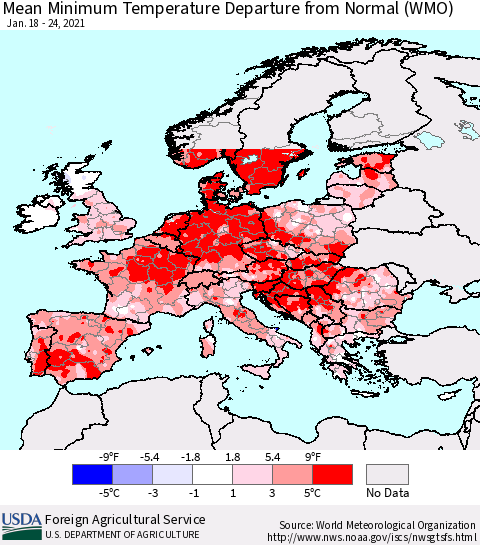 Europe Mean Minimum Temperature Departure from Normal (WMO) Thematic Map For 1/18/2021 - 1/24/2021