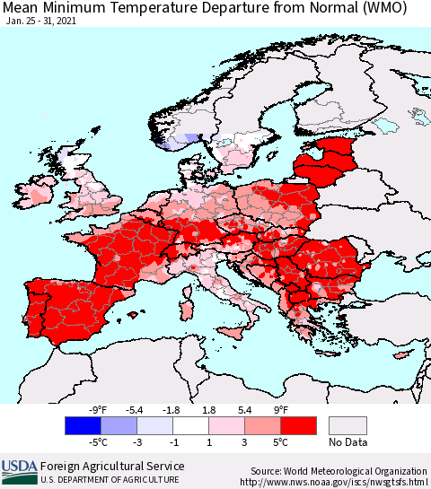 Europe Mean Minimum Temperature Departure from Normal (WMO) Thematic Map For 1/25/2021 - 1/31/2021