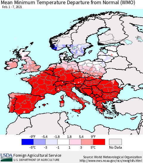 Europe Mean Minimum Temperature Departure from Normal (WMO) Thematic Map For 2/1/2021 - 2/7/2021