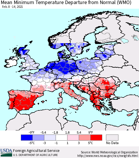 Europe Mean Minimum Temperature Departure from Normal (WMO) Thematic Map For 2/8/2021 - 2/14/2021