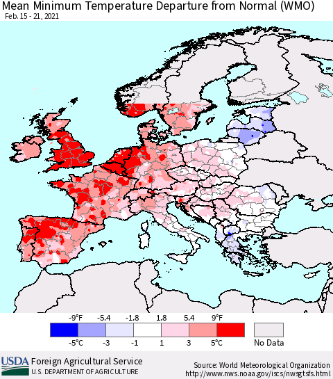 Europe Mean Minimum Temperature Departure from Normal (WMO) Thematic Map For 2/15/2021 - 2/21/2021