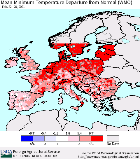 Europe Mean Minimum Temperature Departure from Normal (WMO) Thematic Map For 2/22/2021 - 2/28/2021