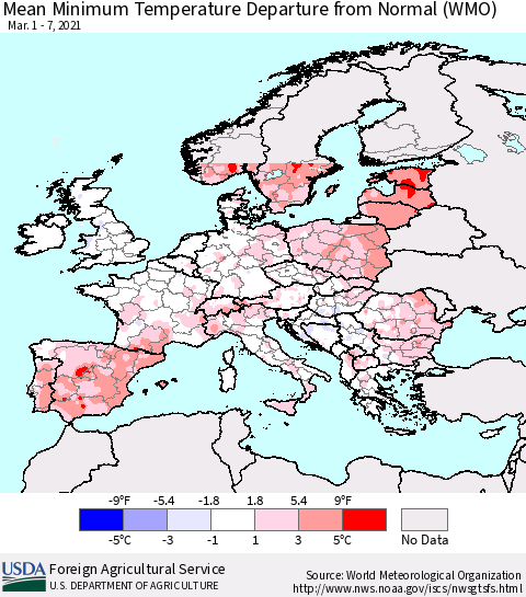 Europe Mean Minimum Temperature Departure from Normal (WMO) Thematic Map For 3/1/2021 - 3/7/2021