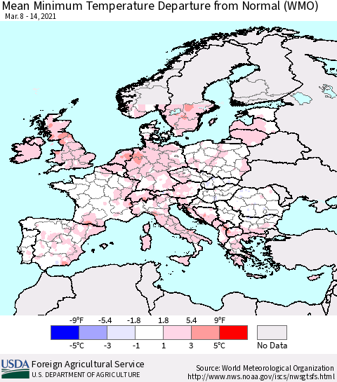 Europe Mean Minimum Temperature Departure from Normal (WMO) Thematic Map For 3/8/2021 - 3/14/2021