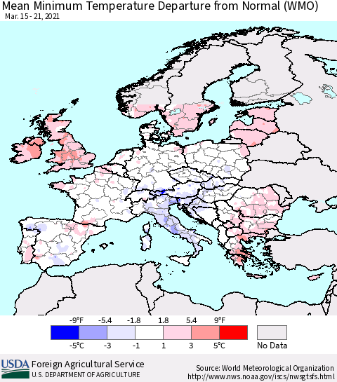 Europe Mean Minimum Temperature Departure from Normal (WMO) Thematic Map For 3/15/2021 - 3/21/2021