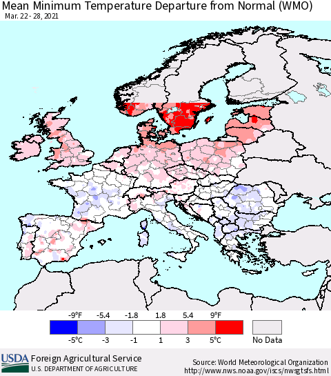 Europe Mean Minimum Temperature Departure from Normal (WMO) Thematic Map For 3/22/2021 - 3/28/2021