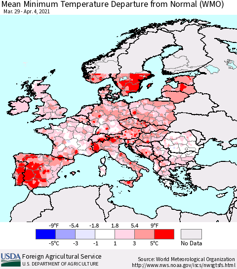 Europe Mean Minimum Temperature Departure from Normal (WMO) Thematic Map For 3/29/2021 - 4/4/2021