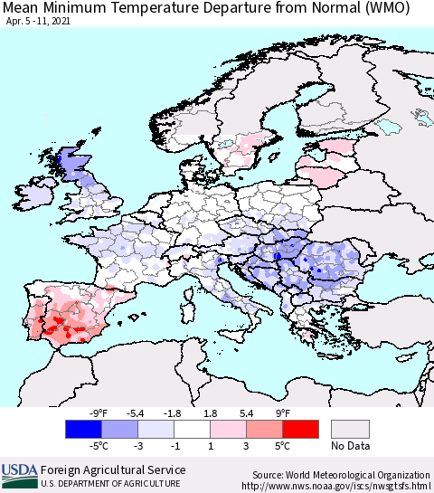 Europe Mean Minimum Temperature Departure from Normal (WMO) Thematic Map For 4/5/2021 - 4/11/2021