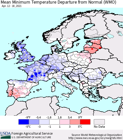 Europe Mean Minimum Temperature Departure from Normal (WMO) Thematic Map For 4/12/2021 - 4/18/2021