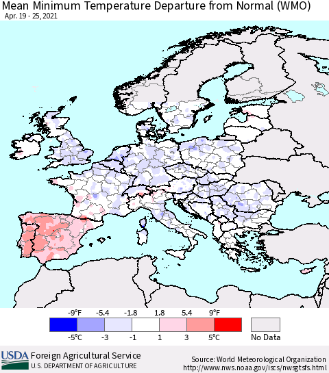 Europe Mean Minimum Temperature Departure from Normal (WMO) Thematic Map For 4/19/2021 - 4/25/2021