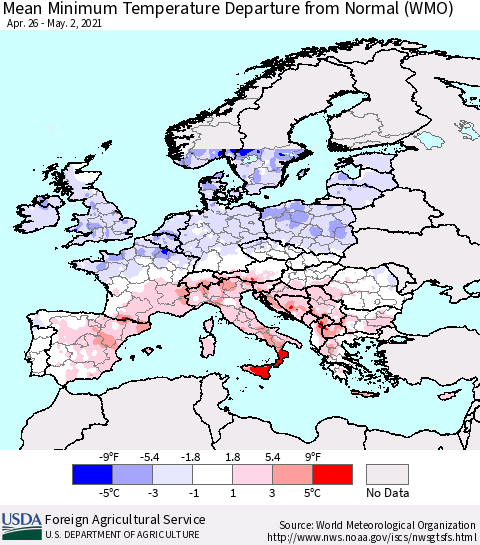 Europe Mean Minimum Temperature Departure from Normal (WMO) Thematic Map For 4/26/2021 - 5/2/2021