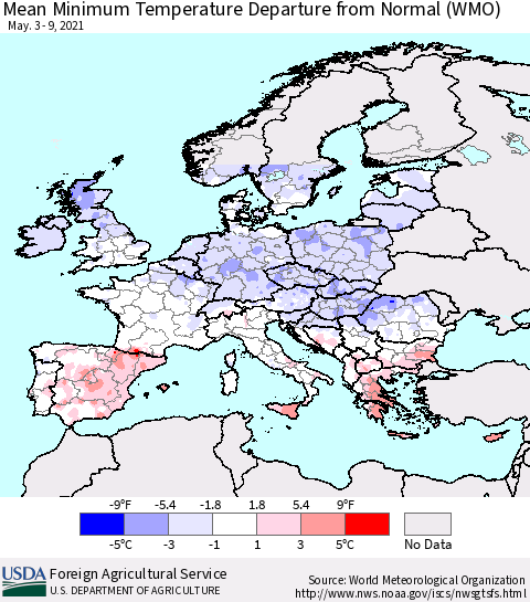Europe Mean Minimum Temperature Departure from Normal (WMO) Thematic Map For 5/3/2021 - 5/9/2021