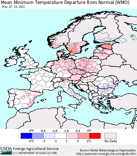 Europe Mean Minimum Temperature Departure from Normal (WMO) Thematic Map For 5/10/2021 - 5/16/2021