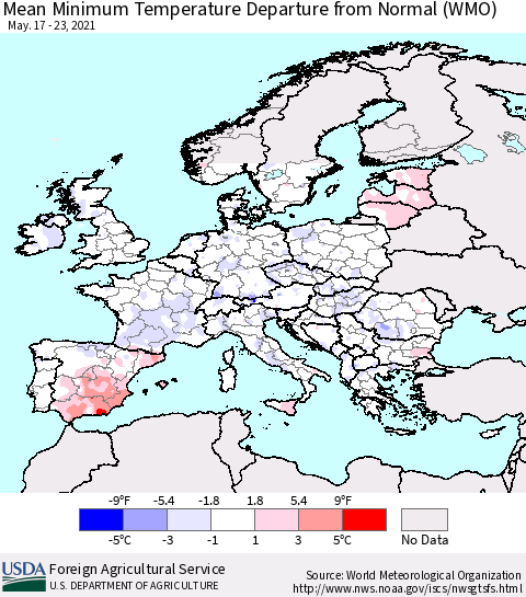 Europe Mean Minimum Temperature Departure from Normal (WMO) Thematic Map For 5/17/2021 - 5/23/2021