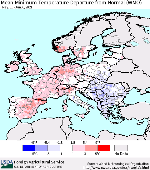 Europe Mean Minimum Temperature Departure from Normal (WMO) Thematic Map For 5/31/2021 - 6/6/2021