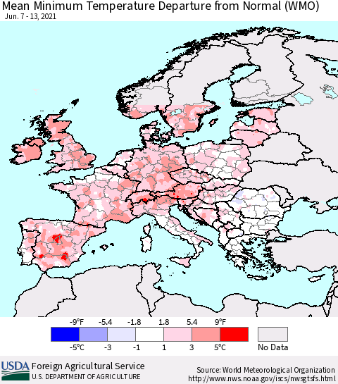 Europe Mean Minimum Temperature Departure from Normal (WMO) Thematic Map For 6/7/2021 - 6/13/2021