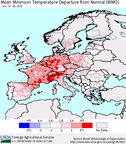 Europe Mean Minimum Temperature Departure from Normal (WMO) Thematic Map For 6/14/2021 - 6/20/2021