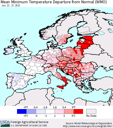 Europe Mean Minimum Temperature Departure from Normal (WMO) Thematic Map For 6/21/2021 - 6/27/2021