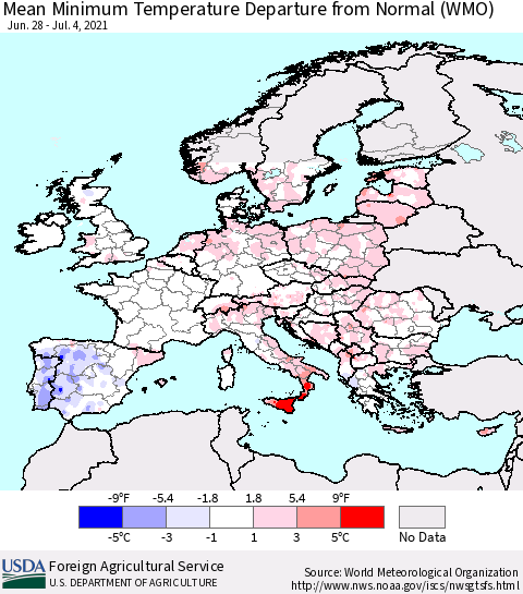 Europe Mean Minimum Temperature Departure from Normal (WMO) Thematic Map For 6/28/2021 - 7/4/2021