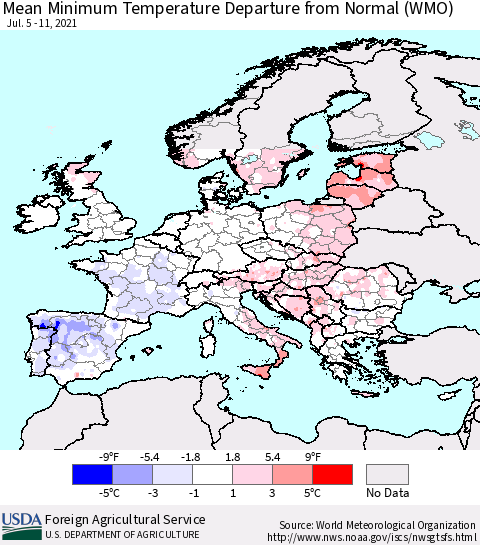 Europe Mean Minimum Temperature Departure from Normal (WMO) Thematic Map For 7/5/2021 - 7/11/2021