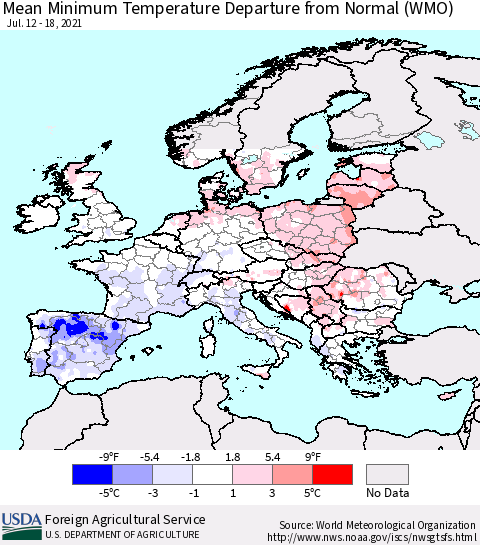 Europe Mean Minimum Temperature Departure from Normal (WMO) Thematic Map For 7/12/2021 - 7/18/2021