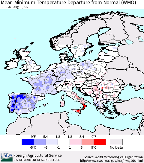 Europe Mean Minimum Temperature Departure from Normal (WMO) Thematic Map For 7/26/2021 - 8/1/2021