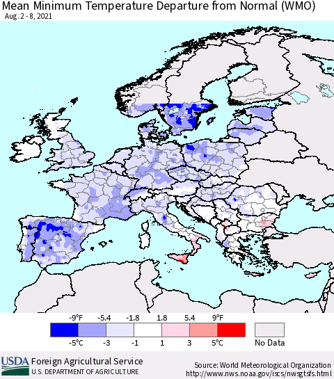 Europe Mean Minimum Temperature Departure from Normal (WMO) Thematic Map For 8/2/2021 - 8/8/2021