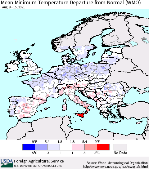 Europe Mean Minimum Temperature Departure from Normal (WMO) Thematic Map For 8/9/2021 - 8/15/2021
