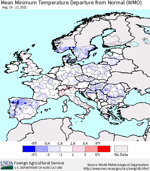 Europe Mean Minimum Temperature Departure from Normal (WMO) Thematic Map For 8/16/2021 - 8/22/2021