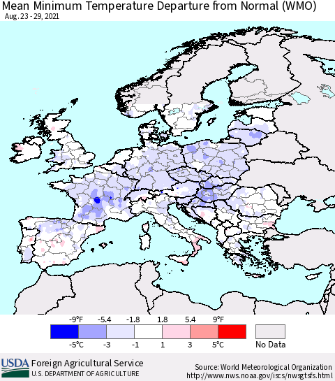 Europe Mean Minimum Temperature Departure from Normal (WMO) Thematic Map For 8/23/2021 - 8/29/2021