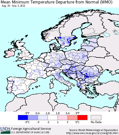 Europe Mean Minimum Temperature Departure from Normal (WMO) Thematic Map For 8/30/2021 - 9/5/2021
