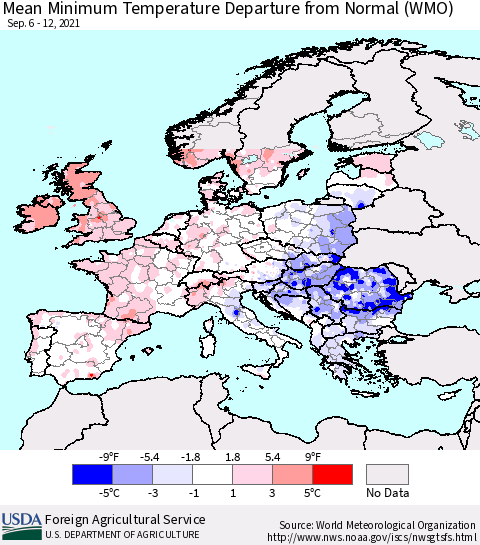 Europe Mean Minimum Temperature Departure from Normal (WMO) Thematic Map For 9/6/2021 - 9/12/2021